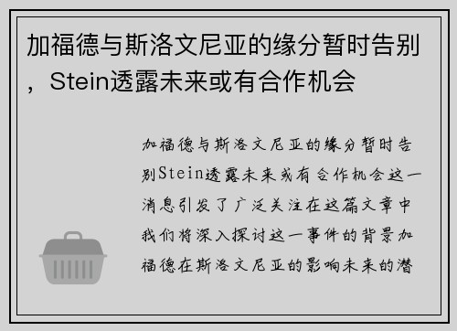 加福德与斯洛文尼亚的缘分暂时告别，Stein透露未来或有合作机会