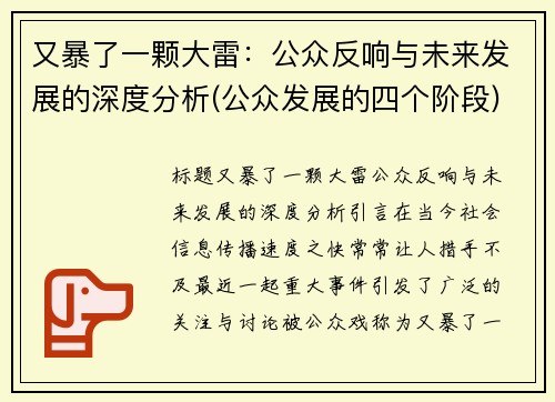 又暴了一颗大雷：公众反响与未来发展的深度分析(公众发展的四个阶段)