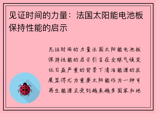 见证时间的力量：法国太阳能电池板保持性能的启示